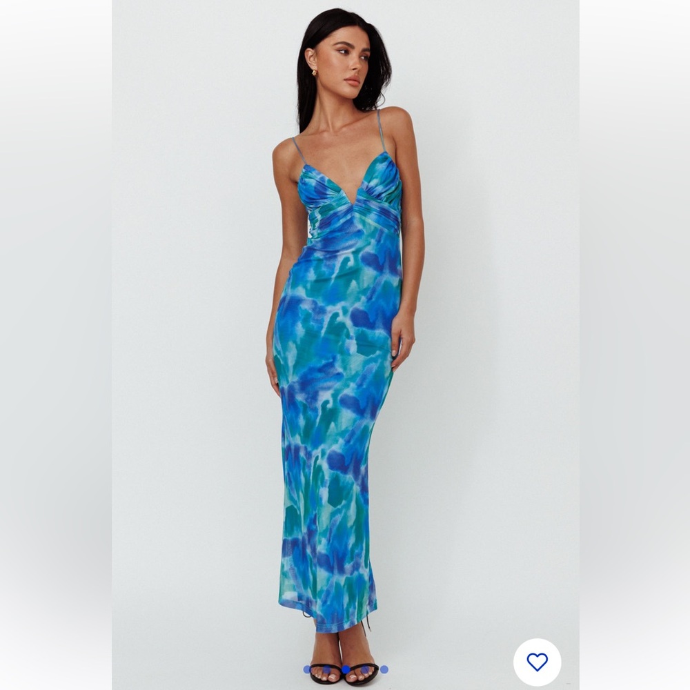 NWT Selfie Leslie Marrakesh Gathered Bust Maxi Dress Print Blue in Size Medium